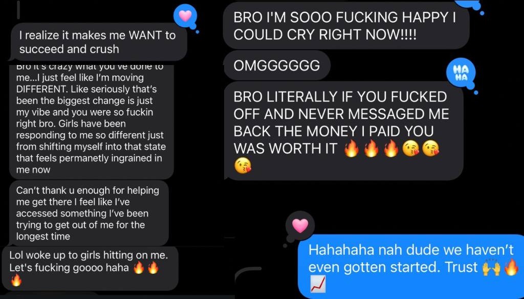DM screenshot: 'Bro I'm sooo fucking happy I could cry right now'