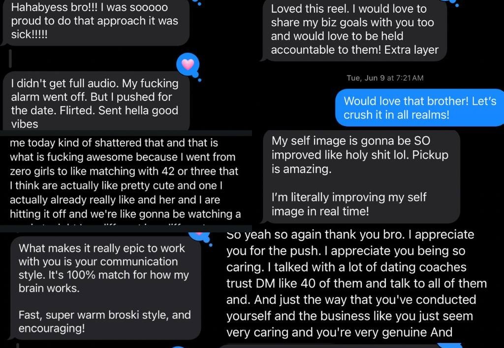 DM screenshot: client reporting breakthroughs in approaching, self-image, and dating