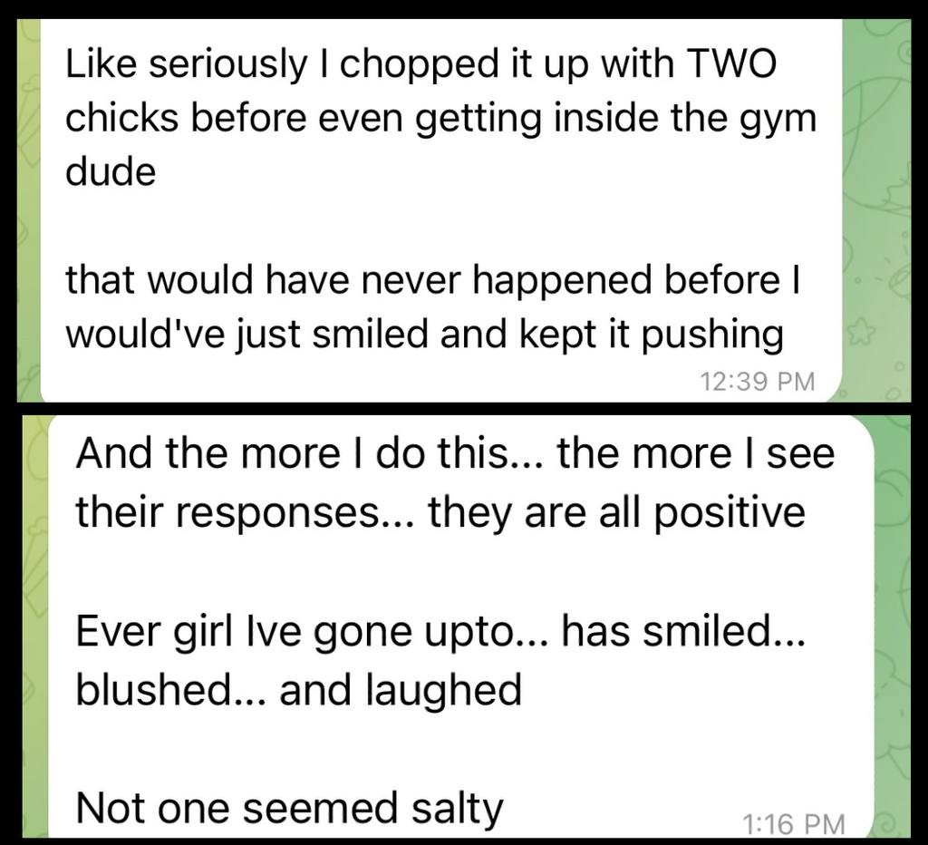 DM screenshot: 'I chopped it up with TWO chicks before even getting inside the gym'